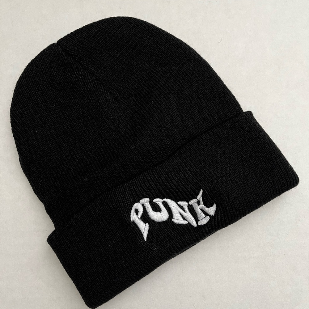 Black Knit Beanie with White Embroidery